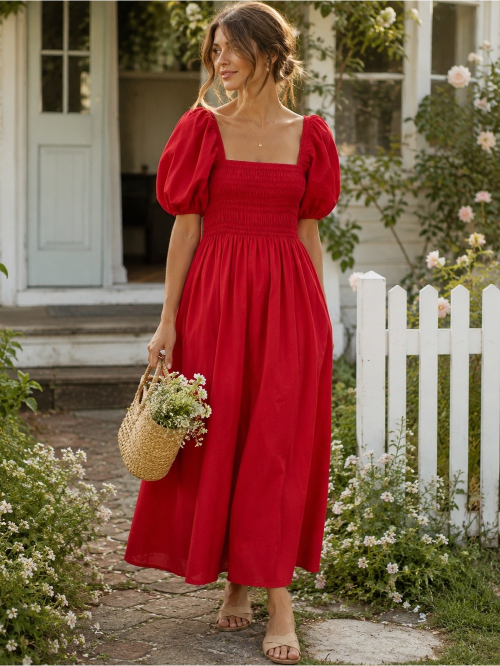 Hill House Home Julia Dress Carmine Red Smocked Puff Sleeve Midi Maxi NWT L